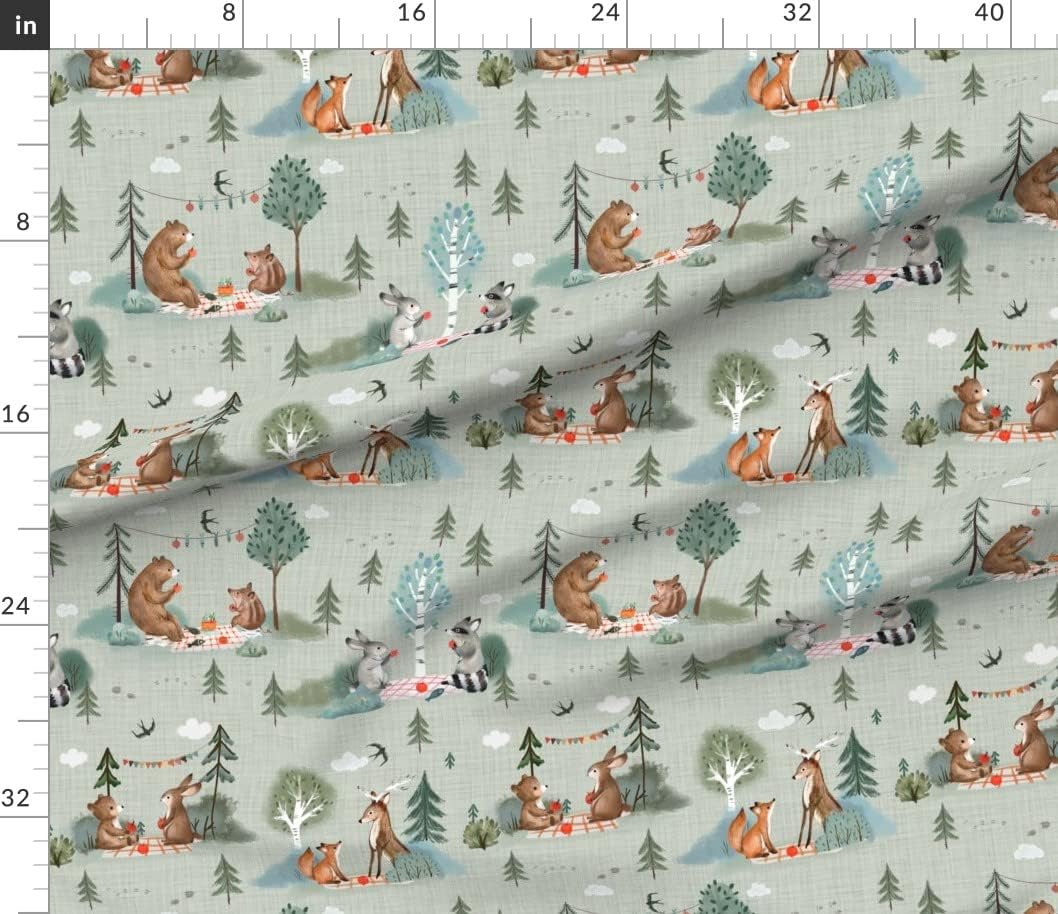 Spoonflower Fabric - Mint Sage Green Woodland Animals Camping Outdoors Printed on Petal Signature Cotton Fabric by The Yard - Sewing Quilting Apparel Crafts Decor