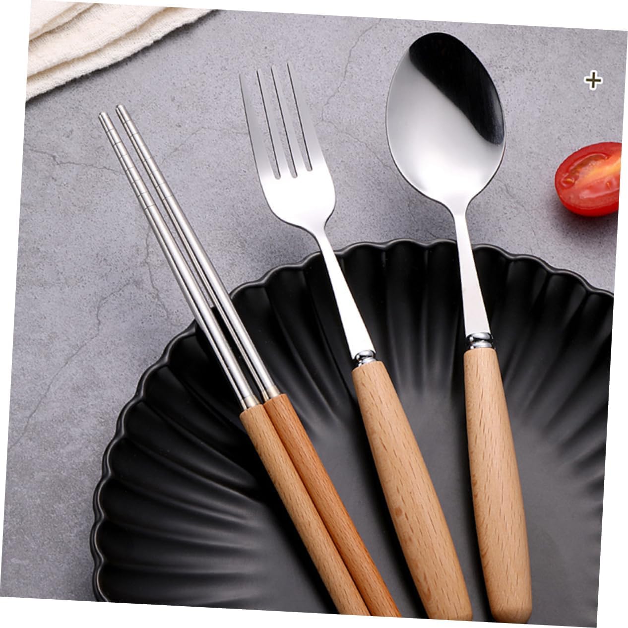 Juego De 3 Tenedores De Cena, Cubiertos De Acero Inoxidable, Cuchillo, Tenedor, Cuchara, Mango De Madera, Juego De Cubiertos para Cocina Y Postre,