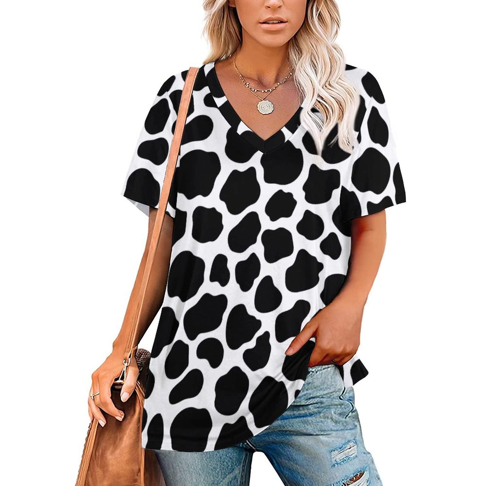 Cow Print V Neck T Shirts for Women Causal Blouse Classic Tops Short Sleeve Shirt