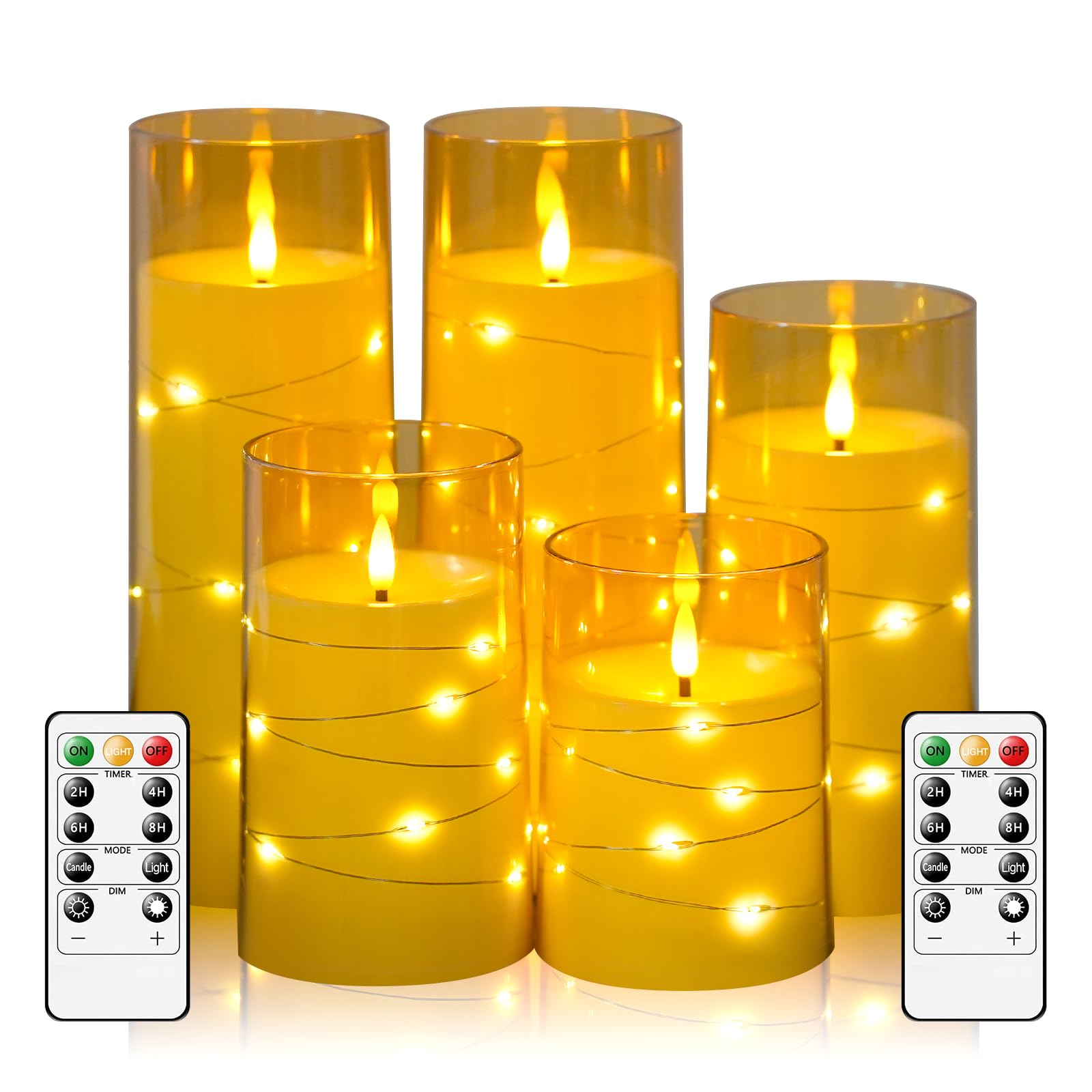 kakoya Flickering Flameless Candles with Remote,5 Pc LED Pillar Candles Battery Operated Candles with Embedded Star String for Home Decor and Romantic Ambiance(Gold) — image 1
