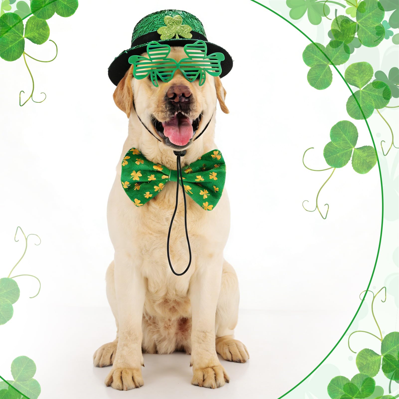 4 Pack St.Patrick's Day Costume, Including Irish Green Dog Clothes Shamrock Tall Hat Bow Glasses Tie Collar for Dog Cat Outfits — view 6