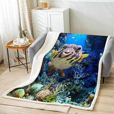 Castle Fairy Puffer Fish Throw Blanket,Coral Fish Bed Blanket for Kids Teens Boys Girls,Cute Undersea Lifes Fleece Blanket Blue Watercolor Animals Plants Fuzzy Blanket for Chair/Sofa Decor,60