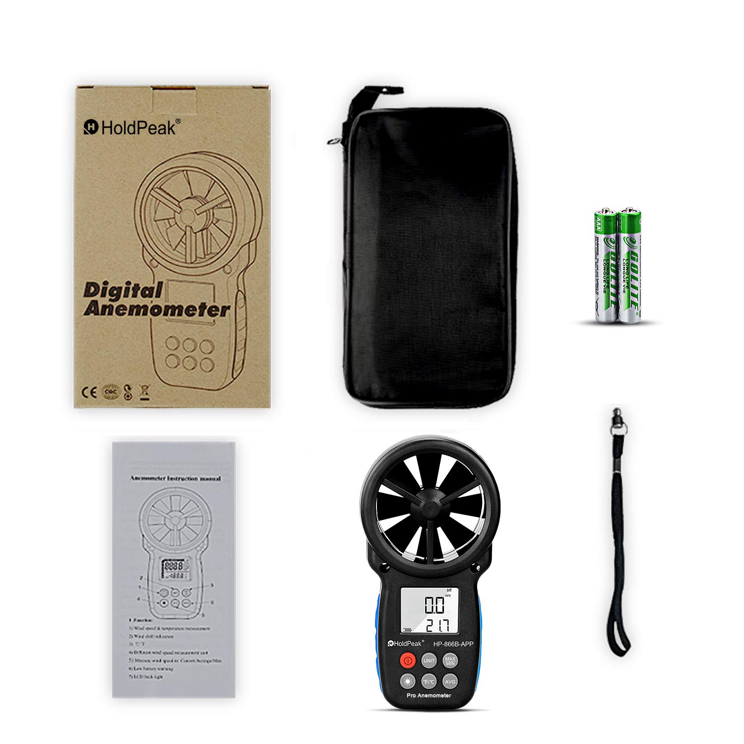 HP-866B-APP Anémomètre numérique portable avec application via Bluetooth, manomètres sans fil avec rétroéclairage, thermomètre avec indication du refroidissement éolien, MAX/MIN/AVG/courant