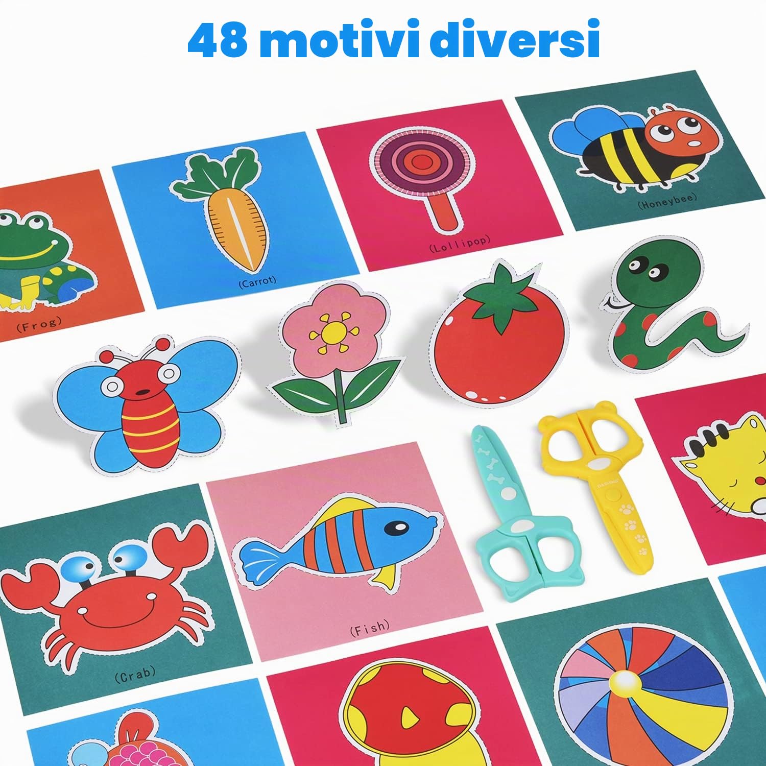 DealKits Set Taglio Carta per Bambini, 2 Forbici Sicurezza + 48 Fogli, Attività Didattica Creativa per Asilo e Scuola Materna - Giocattolo Educativo