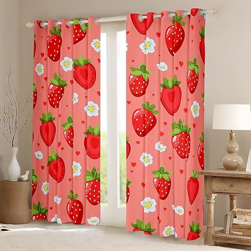 Miniatura 2 de Feelyou Cortinas opacas de dibujos animados con estampado floral de fresas Kawaii para sala de estar, niños, con estampado floral de fresa, cortinas