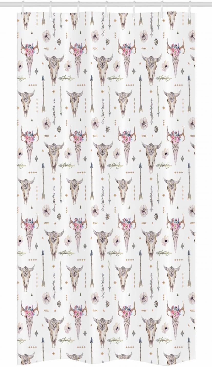 Ambesonne Arrows Stall Shower Curtain, Boho Pattern Artwork Feathers Cow Skulls Rustic Themed Shapes Print, Fabric Bathroom Decor Set with Hooks, 36" W x 72" L, White Ivory