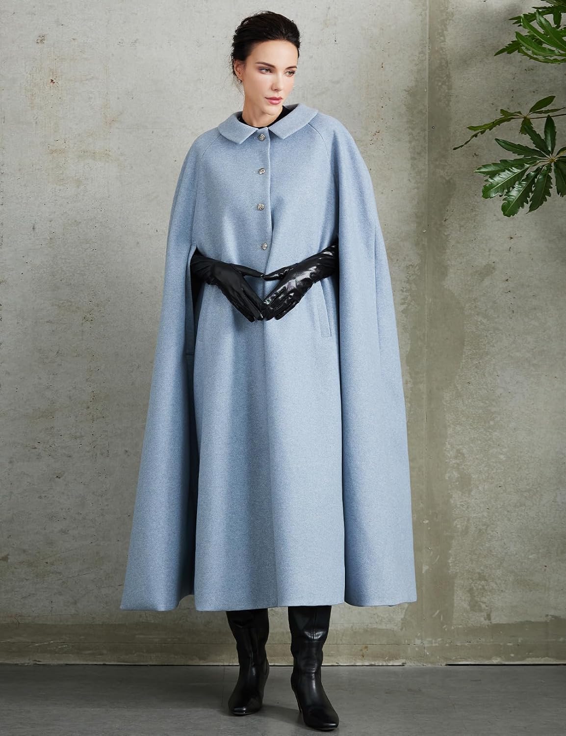 Women Wool Blend Single-Breasted Cape Coat Vintage Jacket Outwear with Pockets for Fall Winter - Image 3
