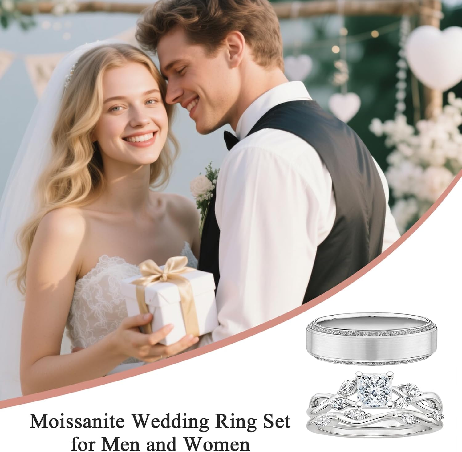 10K 14K 18K Yellow Gold Couple Ring Set, 3PCS Princess Cut Moissanite Couple Ring Sets for Men and Women, Infinity Matching Wedding Band Promise Rings for Him and Her