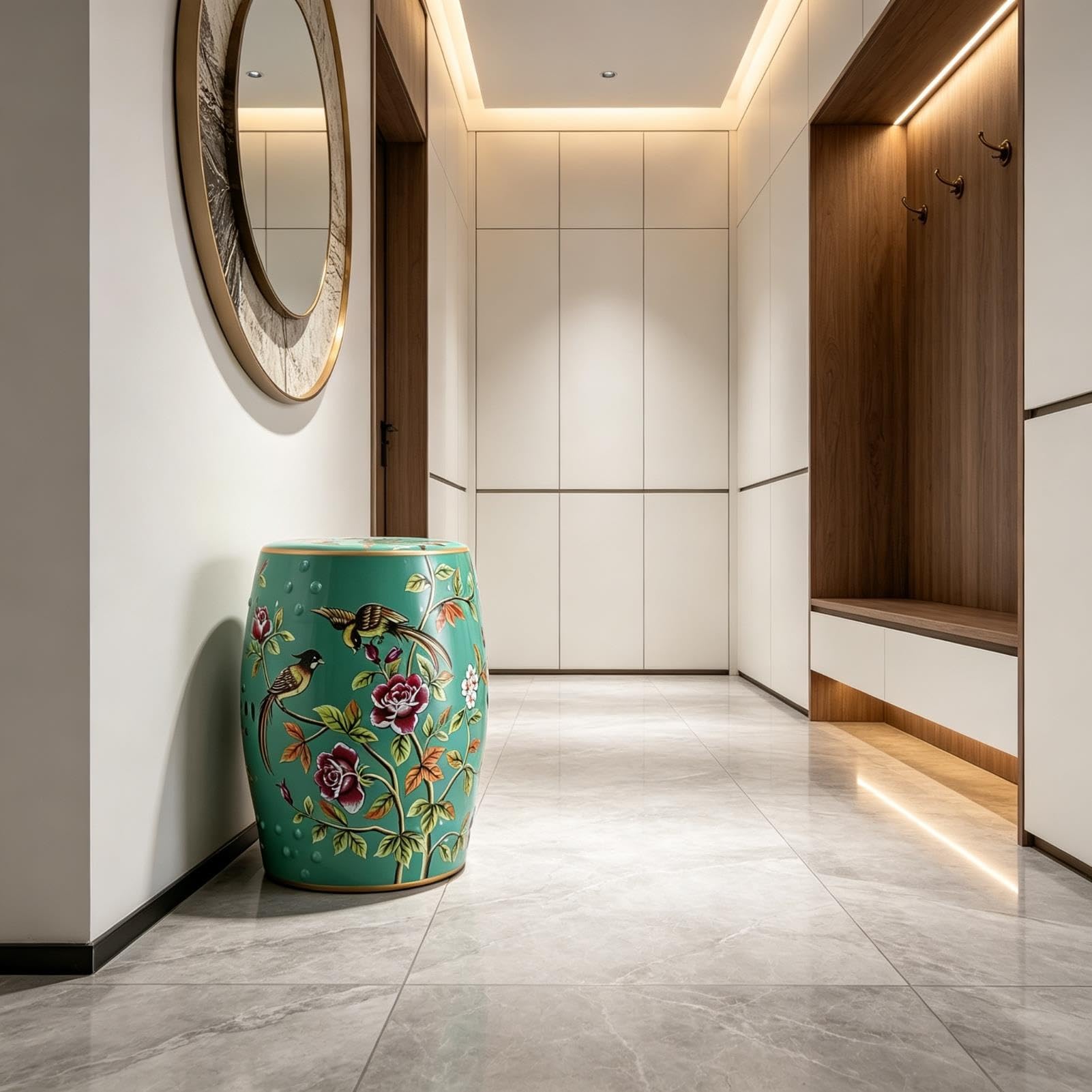 Ceramiczny Stołek Ogrodowy, Stołek Perkusyjny Z Motywem Kwiatowego Ptaka Chinoiserie, Stolik Boczny Z Akcentem Na Patio Na Zewnątrz, Do Salonu, Ogrodu, Balkonu(Green)