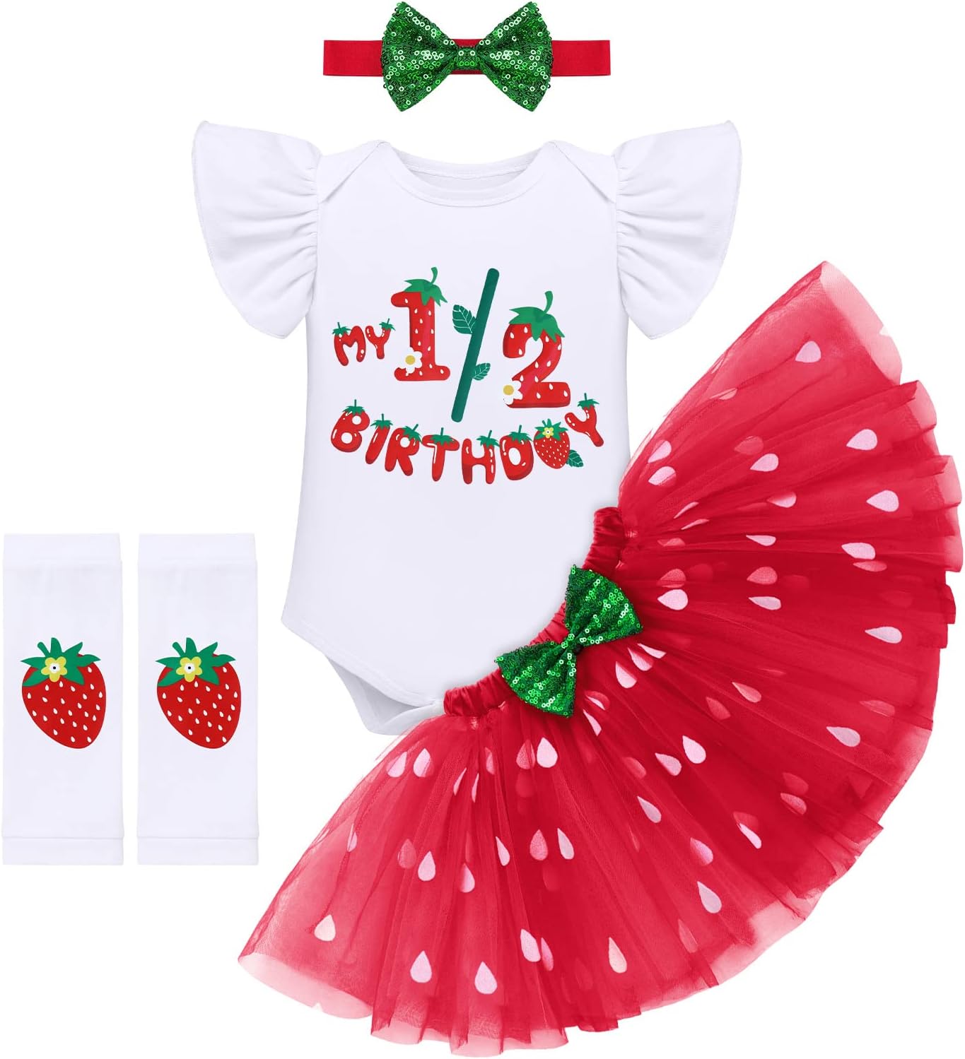 ODASDO Baby Girl Fruit Theme 1st / 2nd Birthday Party Cake Smash Outfit Romper + Skirt + Heabdand + Leg Warmers 4pcs Set