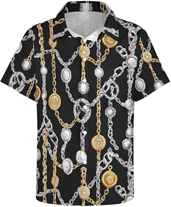 Mens Vintage Short Sleeve Gold Chain Pattern Luxury Design Button Down Shirt Hawaiian Shirts