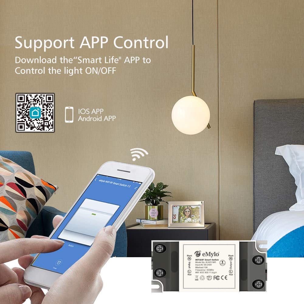 Smart Wifi Interruttore RF Modulo relè wireless Telecomando eMylo Interruttori della luce 1 canale 220V Domotica Timer Controllore 433Mhz Compatibile con Alexa/Google Home tramite Ios Android