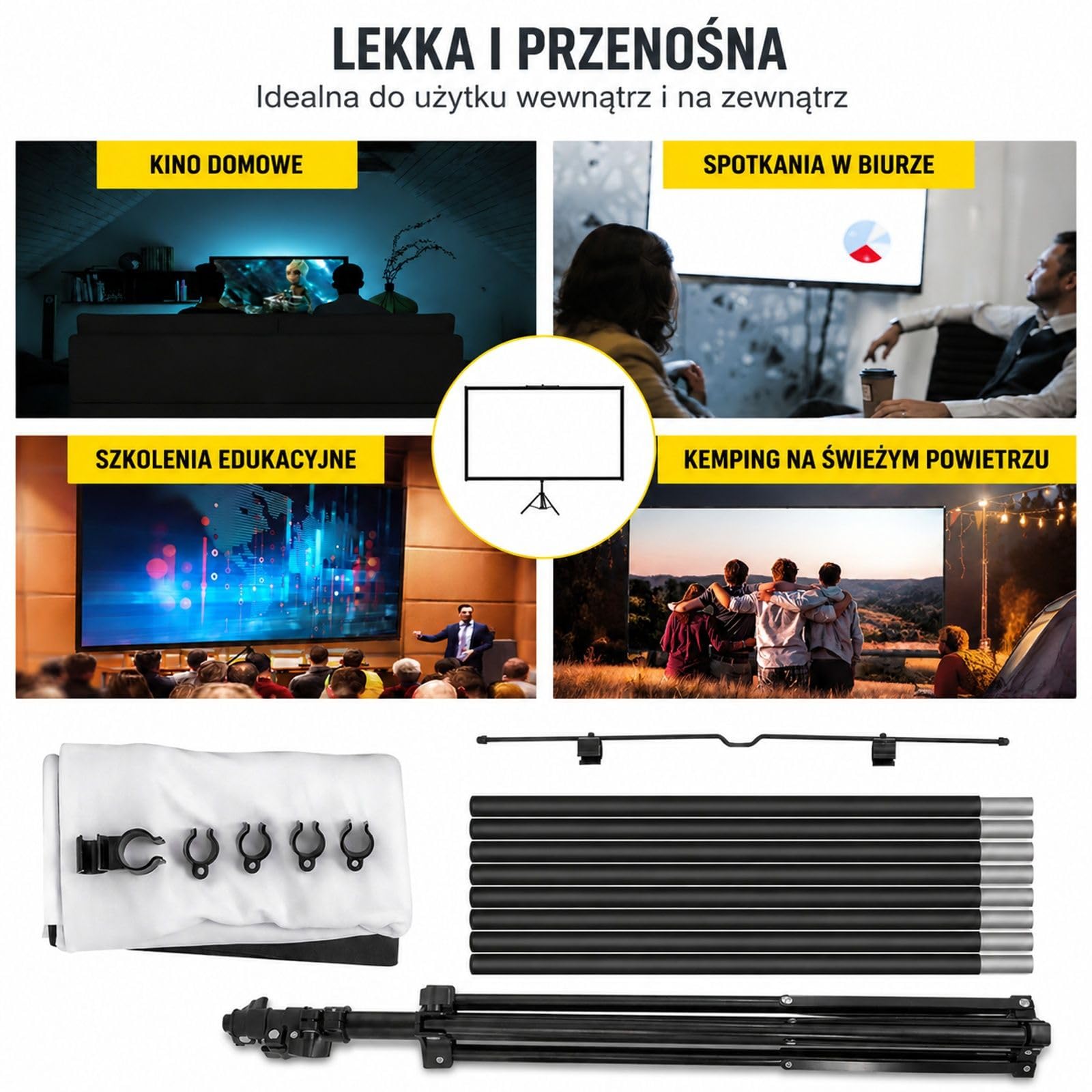 Ekran projekcyjny ze statywem, poliestrowa powierzchnia ekranu i regulowany aluminiowy stojak do kina domowego oraz prezentacji