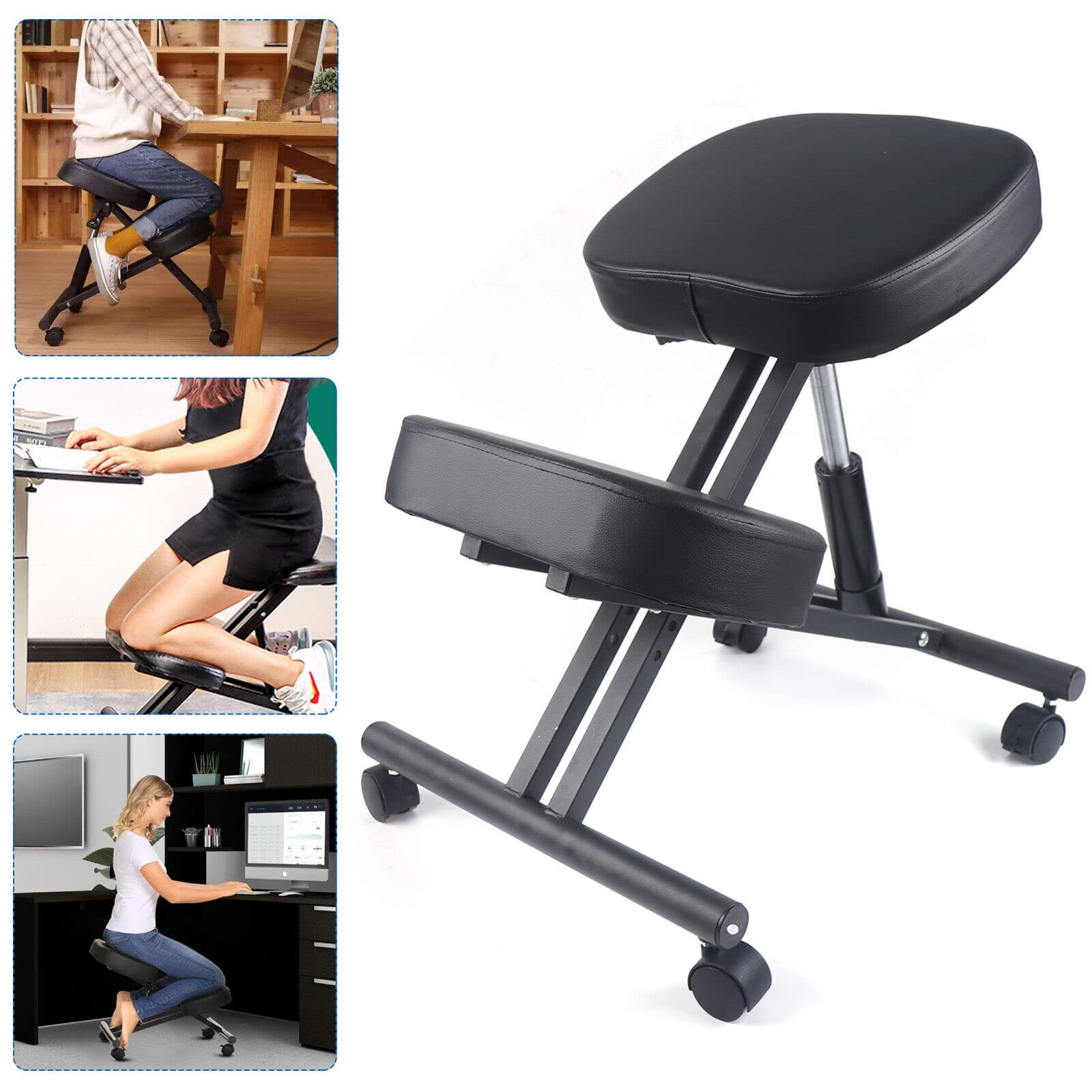 Chaise orthopédique ergonomique - Chaise d'ordinateur - Tabouret à genoux - Tabouret en tissu noir - Chaise de santé - Tabouret de bureau - Chaise de santé confortable rembourrée