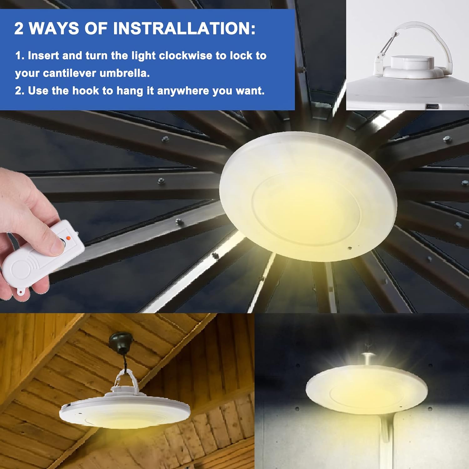 Happetite Umbrella Lights with Remote, Rechargeable Battery Operated Patio Cantilever Umbrella Lights Warm White with 3 Brightness Modes, for Offset Patio Umbrella in Outdoor & Garden (White) - - 