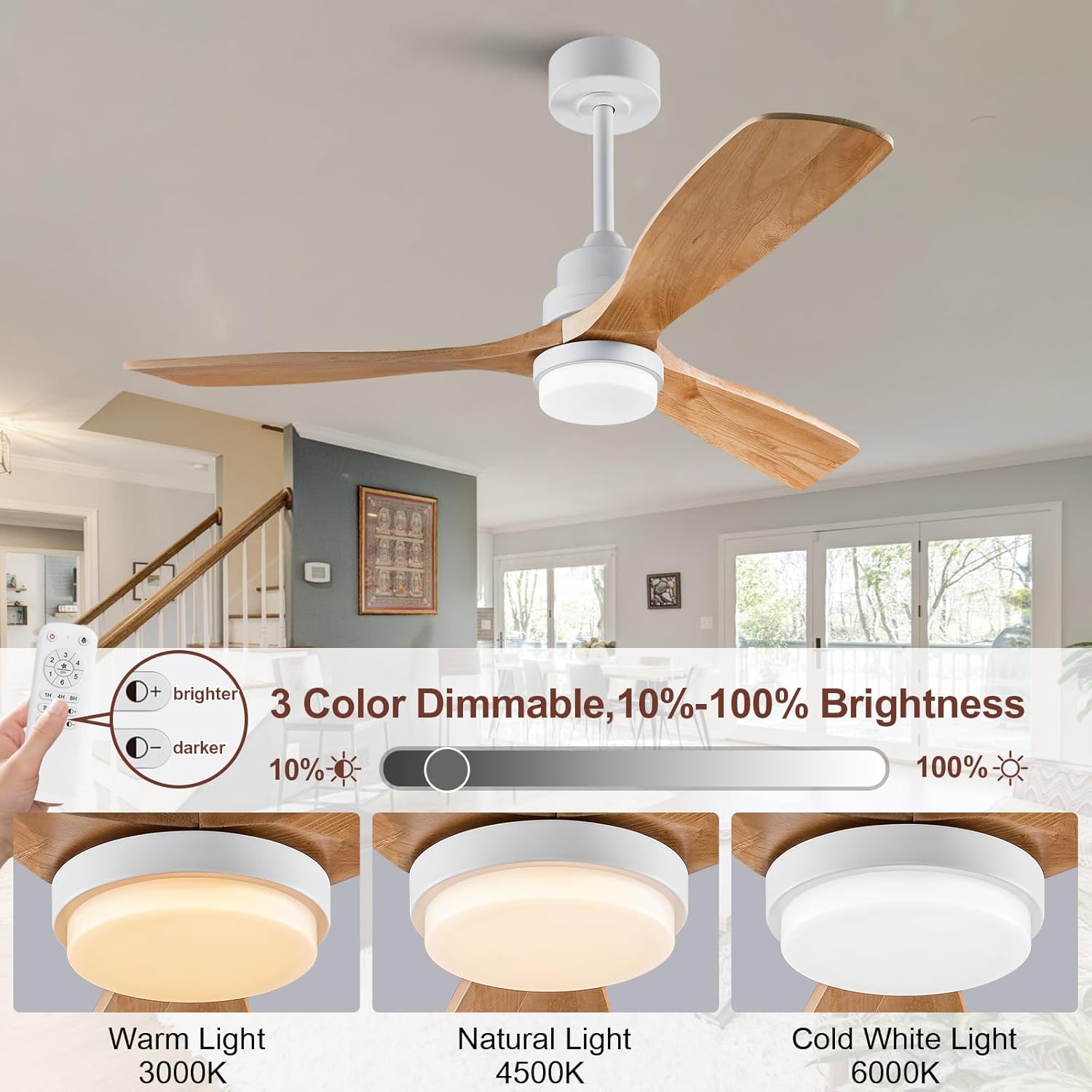 52 Inch Outdoor Ceiling Fan with Lights and Remote, 3 Blade Wood Ceiling Fan with Light,3CCT Dimmable, Indoor Outdoor Ceiling Fan for Patio Bedroom Living Room, Quiet Reversible DC Motor
