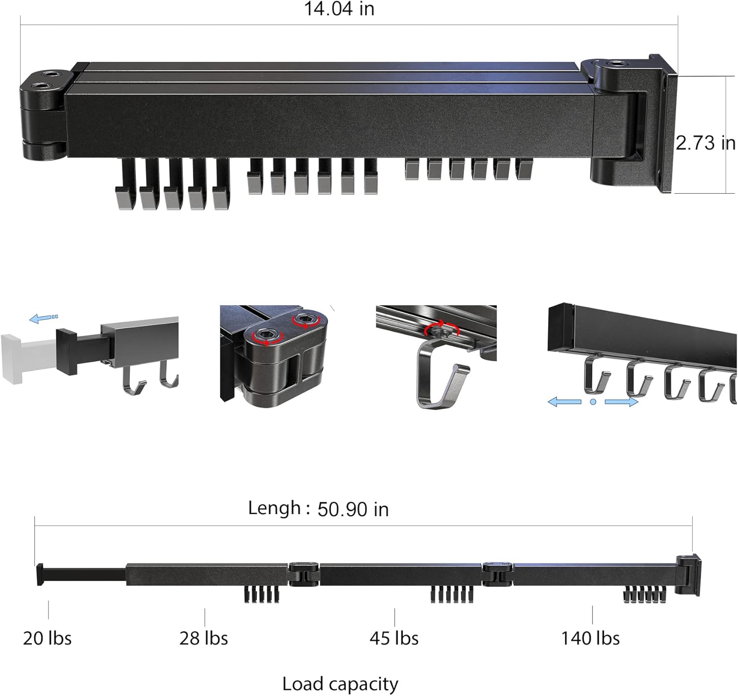 Clothes Drying Rack Folding Indoor - Wall Mount Laundry Clothing Dryer, Space Saver Adjustable, Modern Frameless Wardrobe