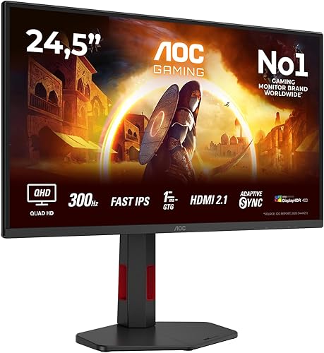 AOC Gaming Moniteur Q25G4SR 24.5 Pouce 300Hz Fast IPS Dalle, 0.3ms MPRT, HDR400, G-Sync Compatible, Ajustable en Hauteur, Haut-parleurs, (2560x1440 HDMI 2X 2.1 DP 1x 1.4) Noir - 1