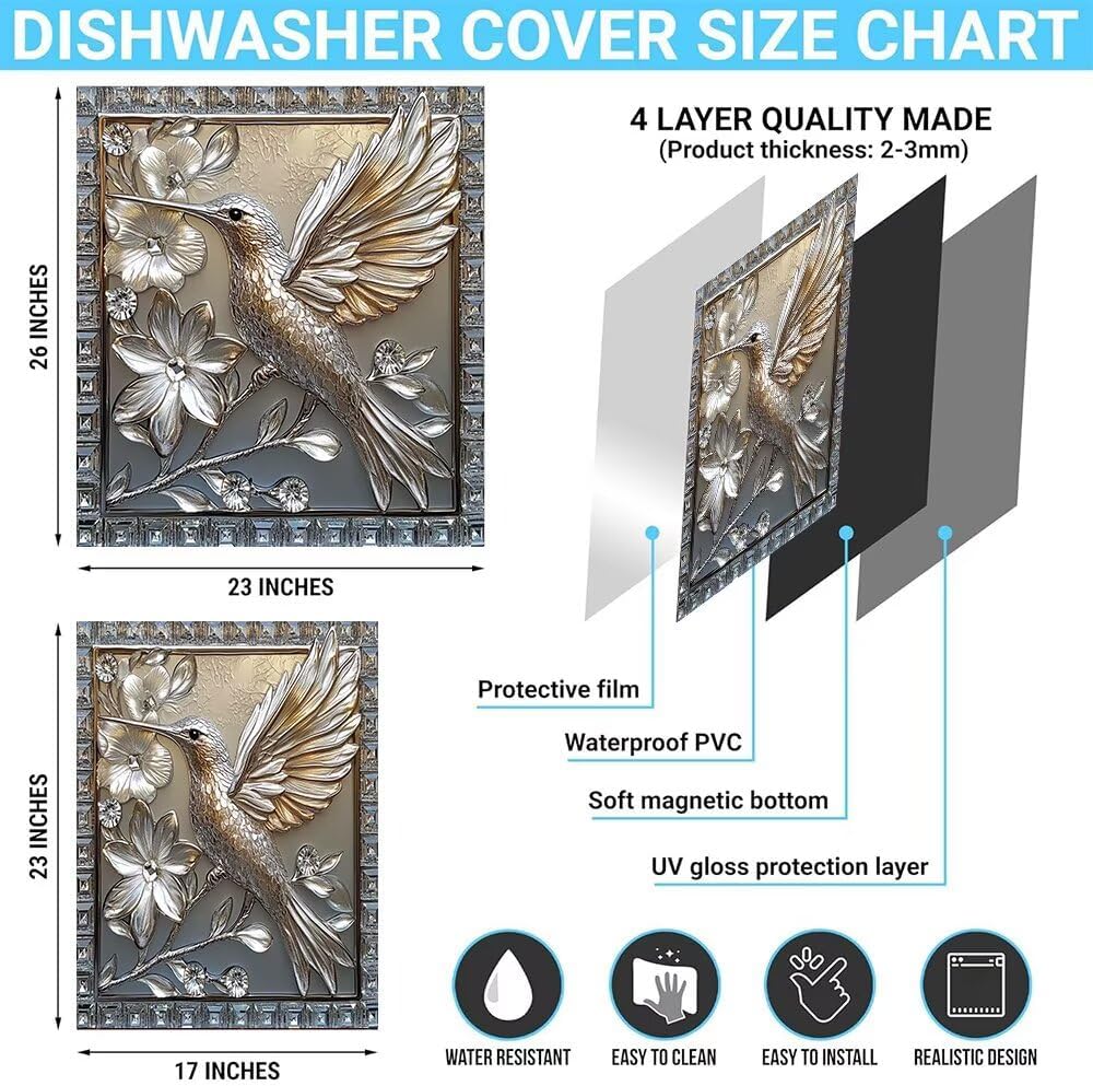 Silver Glass Hummingbird Kitchen Decor Magnetic Dishwasher Cover Sticker, 3D Flower Bird Dishwasher Magnet Full Door Cover, 23"x 26" Hummingbird Home Fridge Magnet Panel Decal