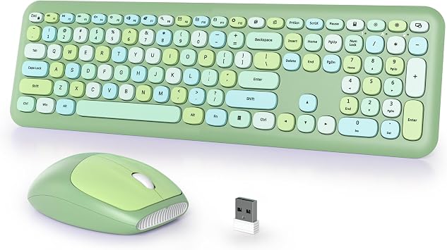 Typewriter Wireless Keyboard and Mouse Combo,2.4G Office 104 Keys Full Size Retro Punk Keyboard,Cute Green Silent Keyboard with Round Keycaps for Laptop PC Desktops Green Mix