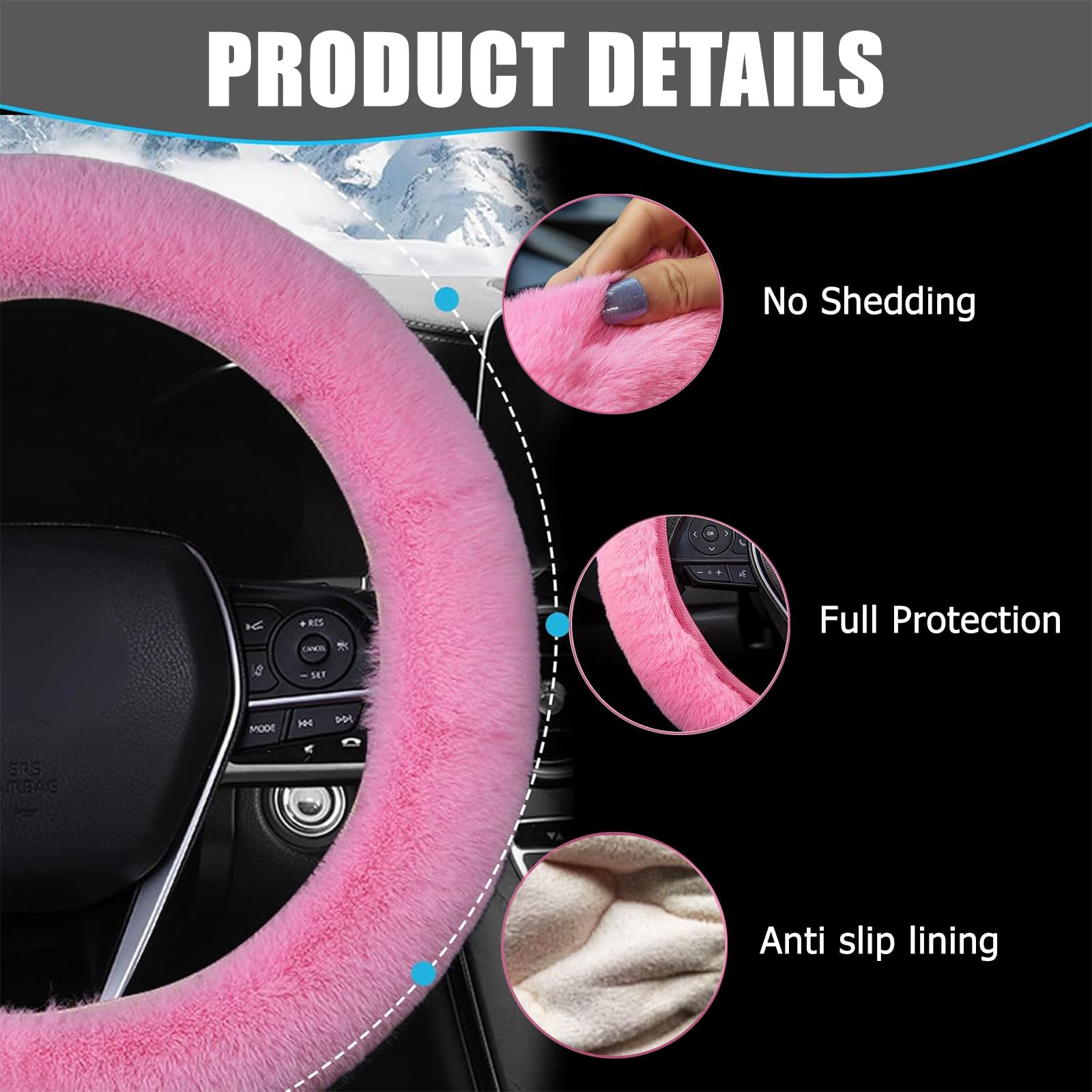 Pahajim Pluizige stuurwielhoezen, zachte harige auto antislip pluche stuurhoes warme wol universeel 36-39 cm winterautodecoratie voor vrouwen (roze