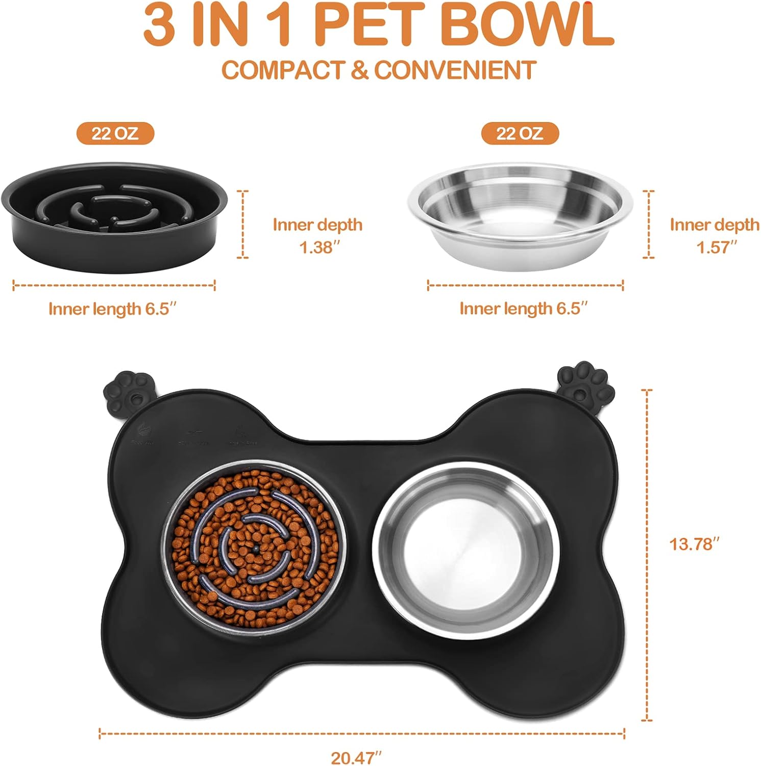 Topcovos Dog Food Bowl,3-in-1 Dog Bowl/Water Bowl&Slow Feeder Puppy Bowl with No Spill Non-Skid Silicone Mat, Dog Dish for Small/Medium/Large Pets
