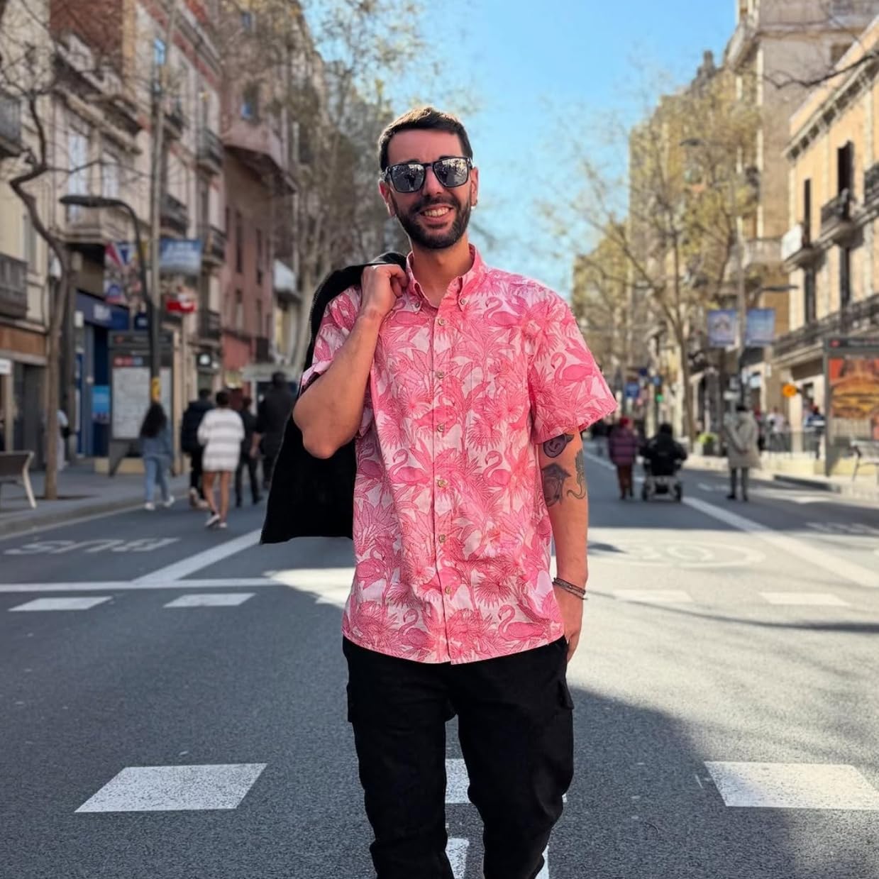 YIUME Men's Pink Hawaiian Shirt Flamingos Shirt 100% Cotton Short Sleeve Button-Down Shirt