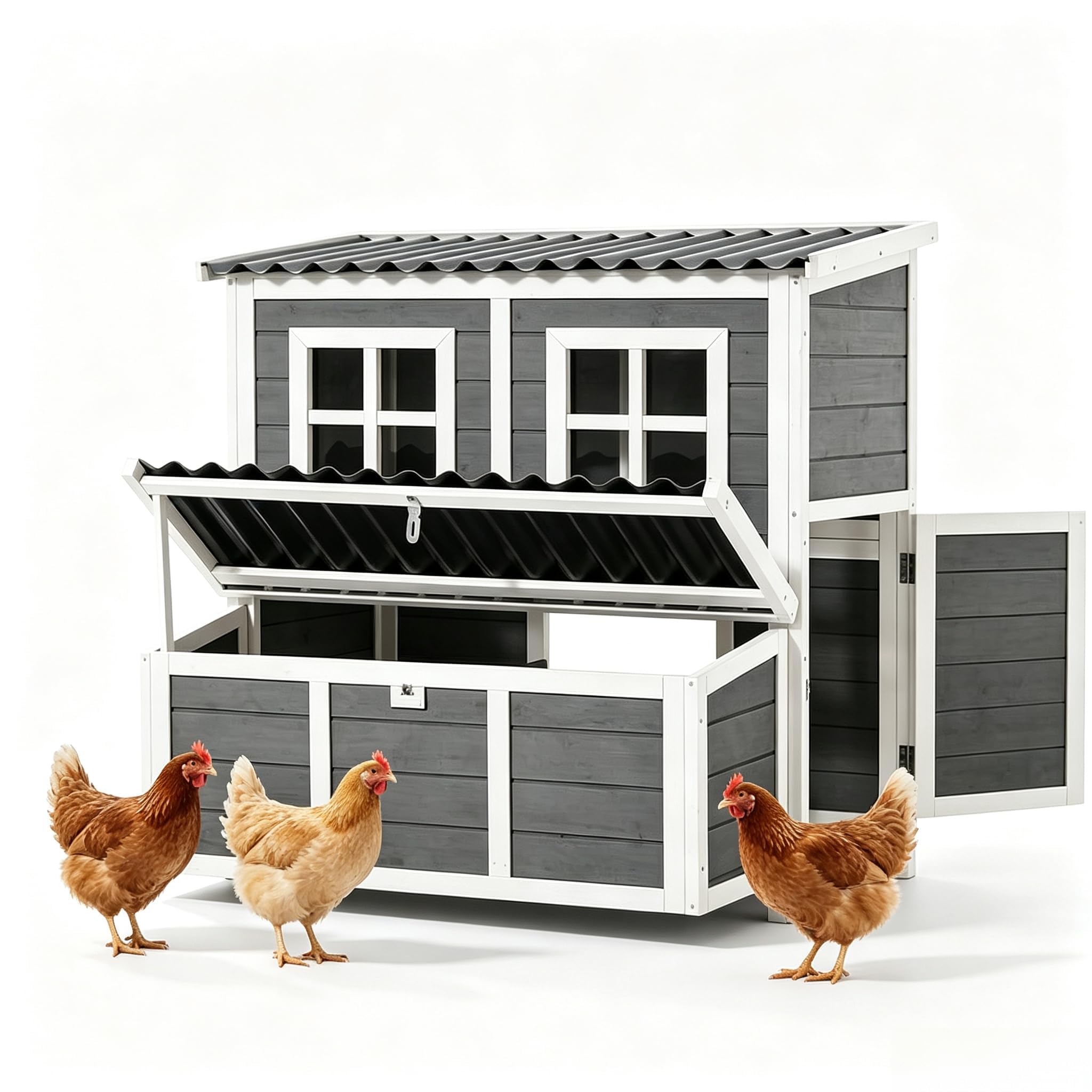 YODOLLA Wooden Outdoor Hen House, Garden Chicken Coop, Grey