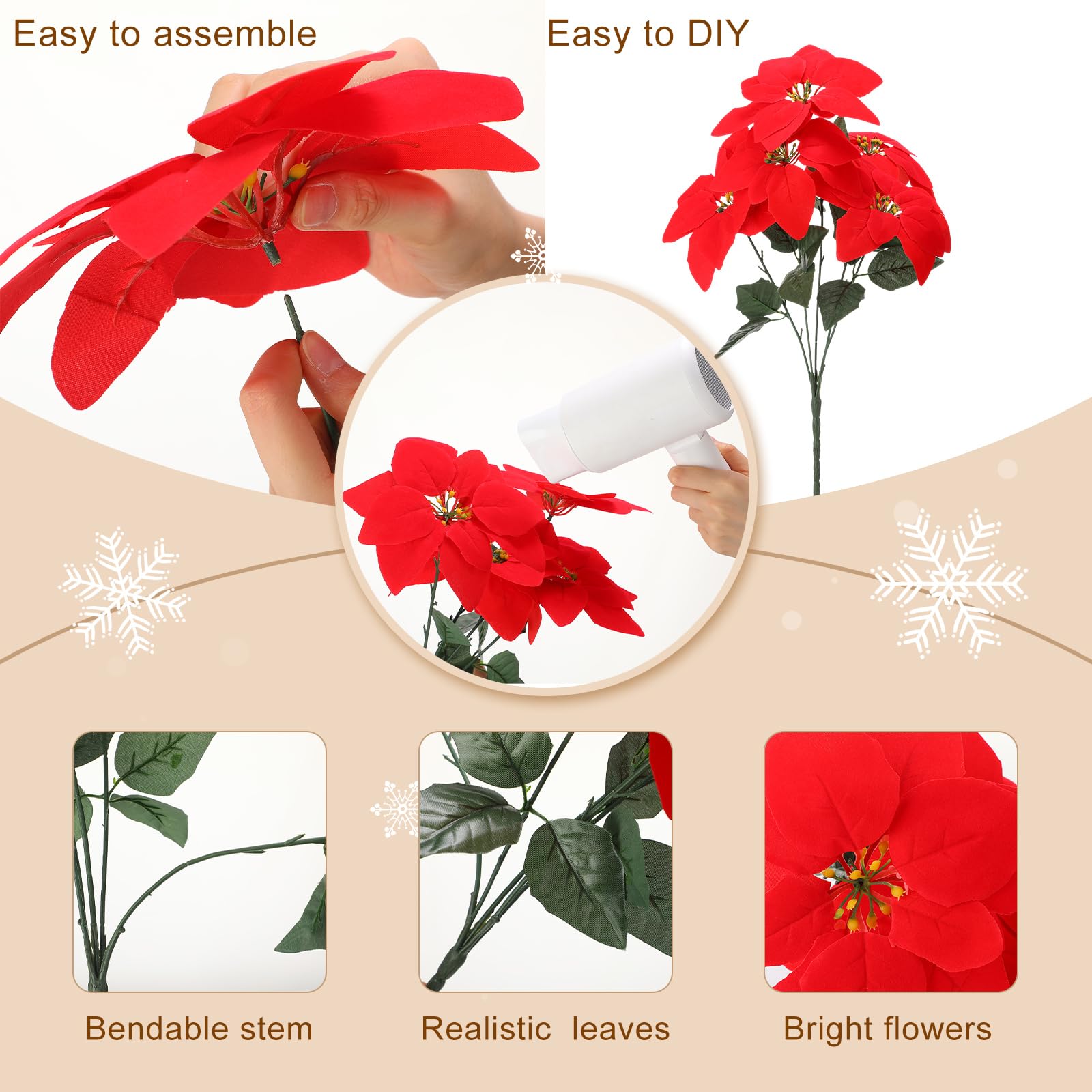 Yunlly Künstliche Weihnachtssterne mit 5 Köpfen, Samt, Kunststoff, rote Blumensträuße für Zuhause, Garten, Innen- und Außenbereich, Basteln, Hochzeit, Party, Tisch, Blumenzubehör, 24 Stück