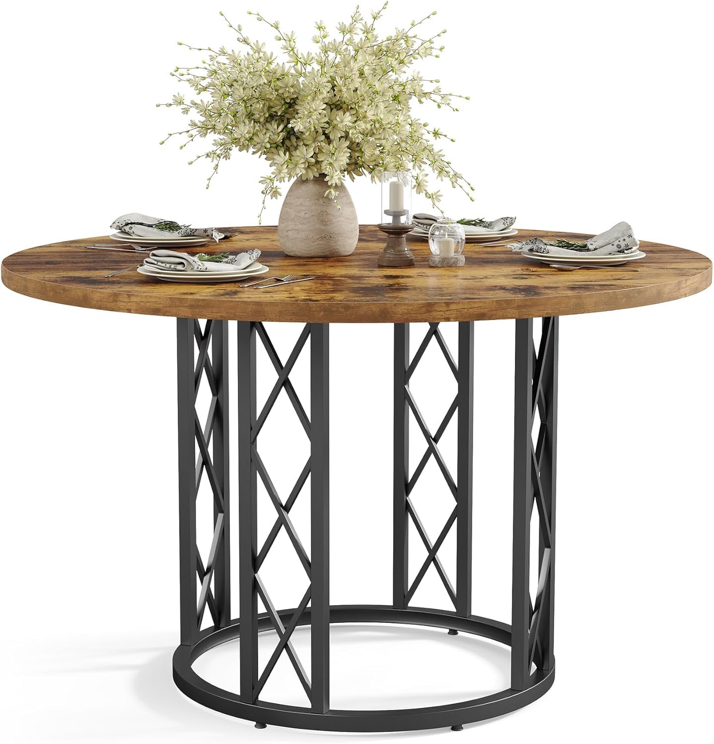 Tribesigns Ronde Eettafel met Planken, 4 Personen, Ronde Eettafel, Keukentafel met Houten Blad, voor Eetkamer, Woonkamer, Keuken, Wit Goud