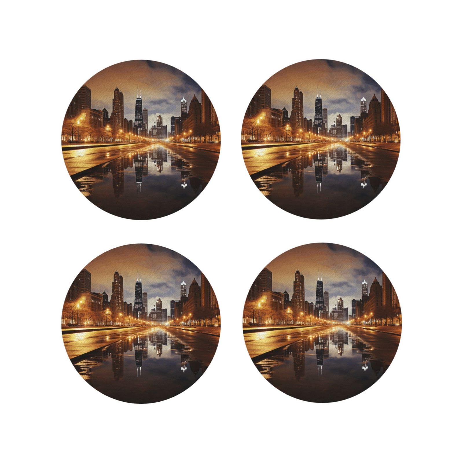 4Pcs PU Leather Coaster for Drinks, Chicago Cup Coastersr 4" Cup Mat Pad, Aesthetic Drink Coasters for Coffee Table, Round Shape Coaster for Tabletop Protection