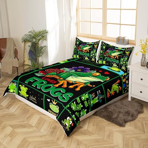 Miniatura 2 de Erosebridal Juego de ropa de cama de rana verde, tamaño King, funda de edredón de animales tropicales con bonitos ojos brillantes y ranas para