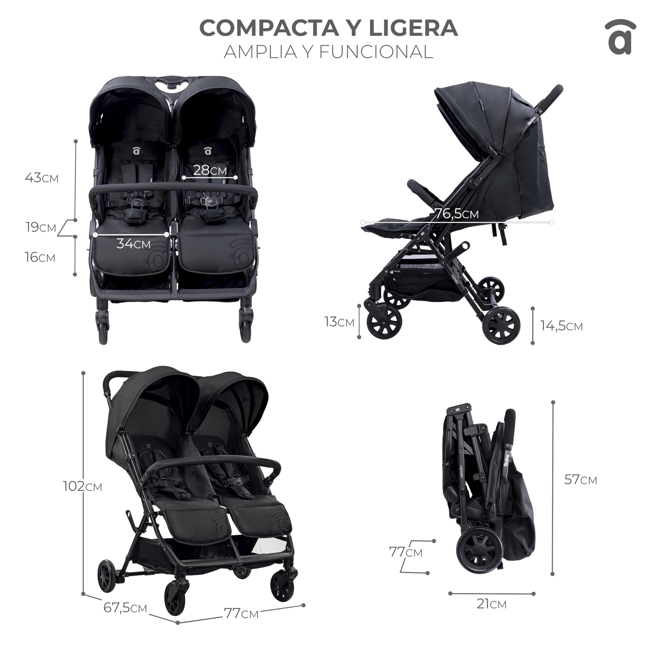 Silla de Paseo Doble para Gemelos o Hermanos, Ligera, Reclinable y Plegable con Capotas y Freno Trasero – Asalvo DOUBLE HENRY Gris