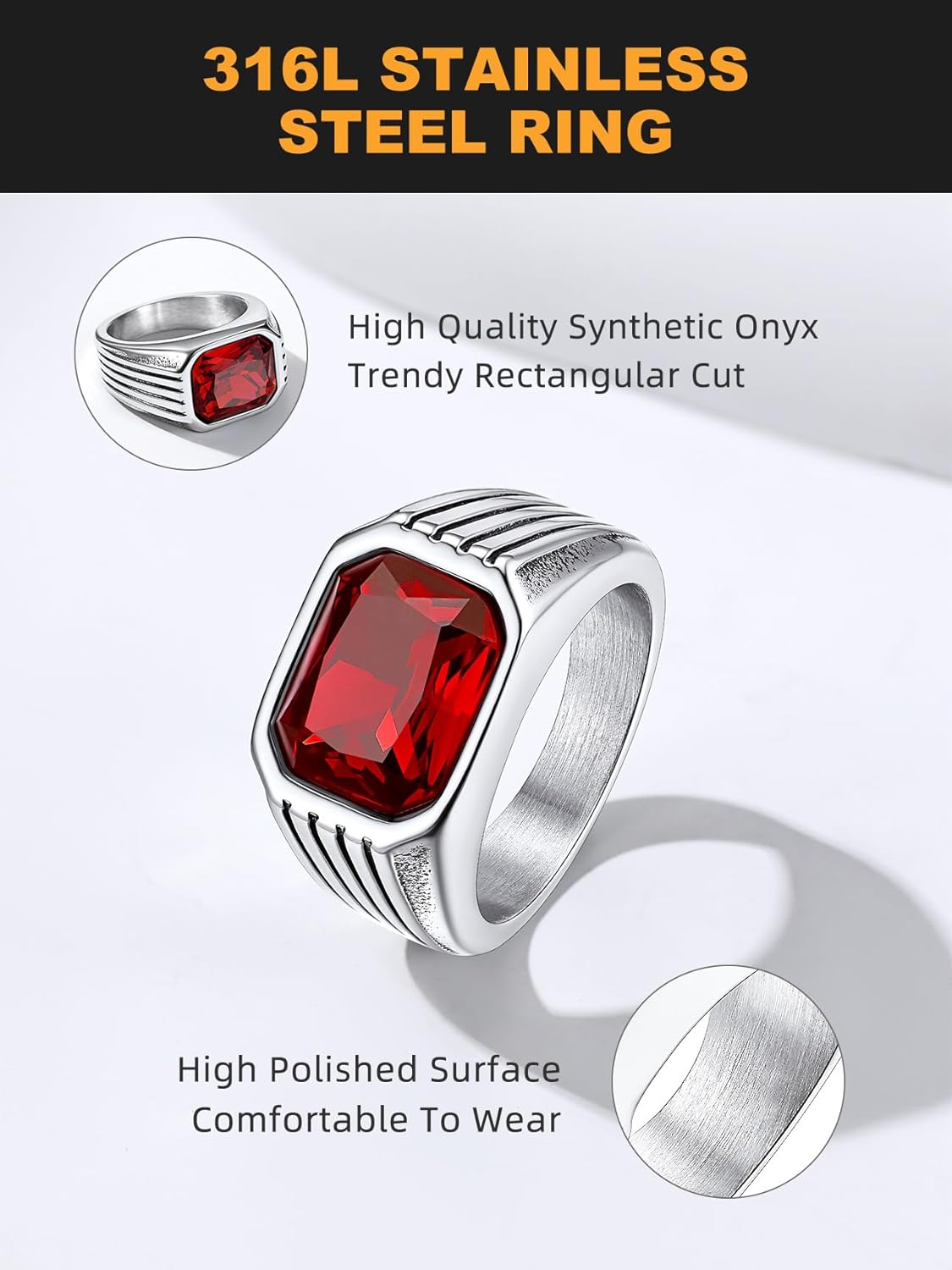 Bestyle Chunky Signet Ring for Men, Stainless Steel/Black Ring Synthetic Gemstone Band Ring Biker Ring for Men, Thumb Pinky Ring Mens Fashion Ring Jewelry Size 7-14, Gift Package