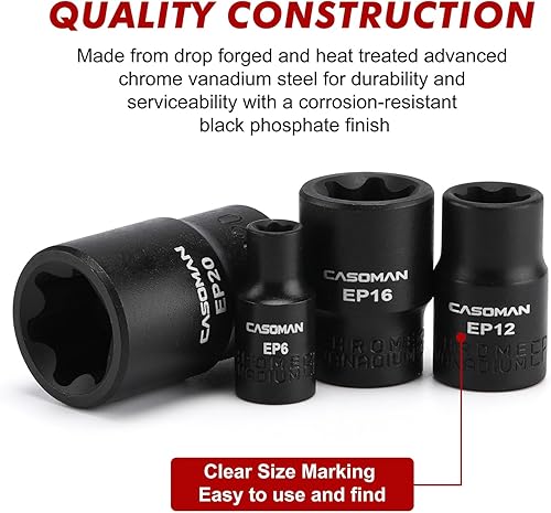 Vista 13 de CASOMAN 11PCS hembra Torx Socket Set, E Torx & Star Socket Set con riel, E4 - E20 Torque Sockets