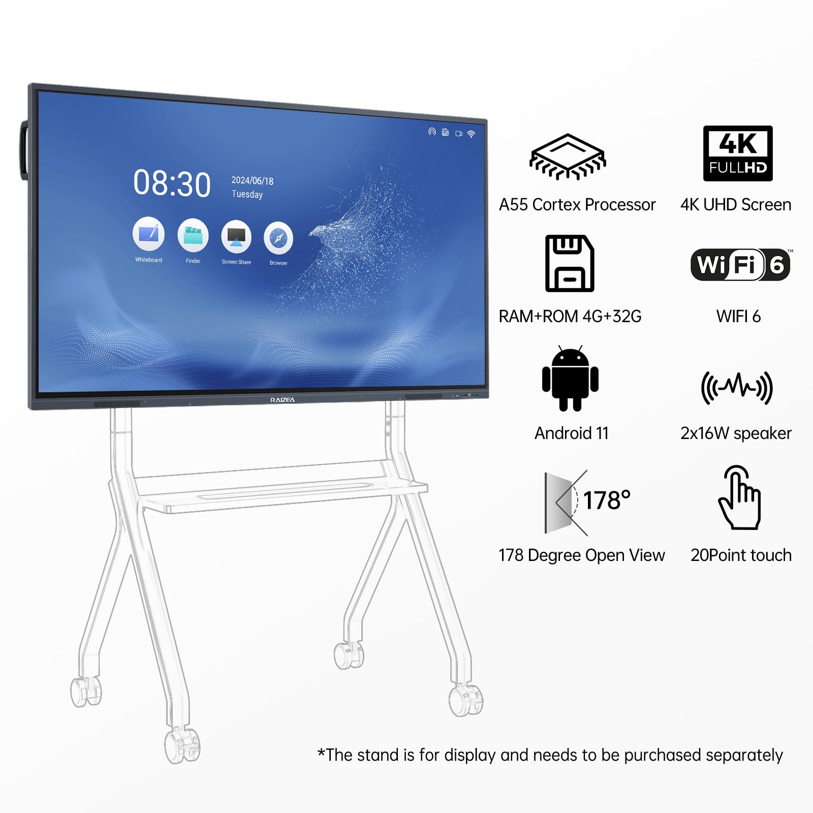 Smart Board 55 inch Interactive Whiteboard Display 4K UHD Touchscreen Digital Whiteboard Electronic White Board for Home Office Classroom Presentation, Writing, Coaching(Board & Wall Mount Included)