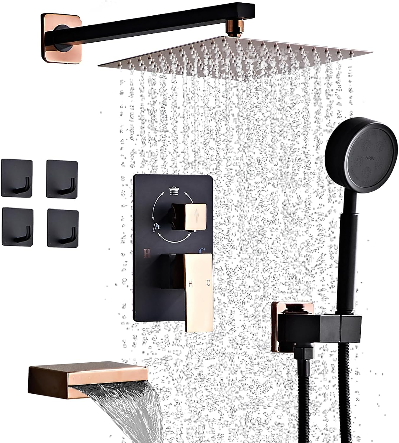 Shower System with Tub Spout, Bathroom Rainfall Shower Faucet Set with 4 Hoooks, High Pressure 10'' Rain Shower Head and Handheld Spray, Wall Mounted Luxury Shower Combo Set with Valve and Trim