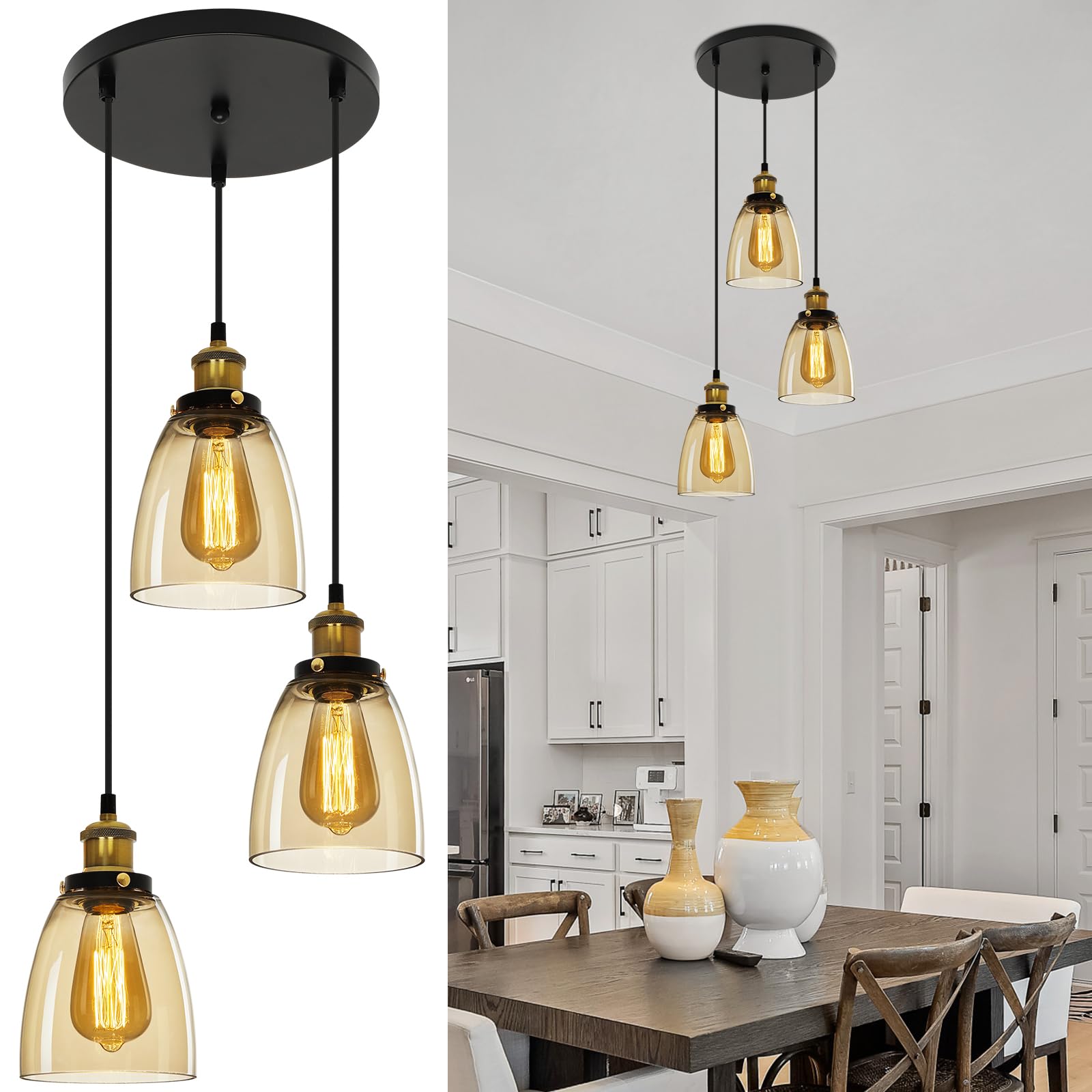 Vintage Glass Pendant Light 3 Lights - Pendant Lighting Ceiling with Glass Lampshade, Adjustable Height Hanging Lamp Fixture for Loft Kitchen Island Dining Room(NO Bulbs) - Cognac
