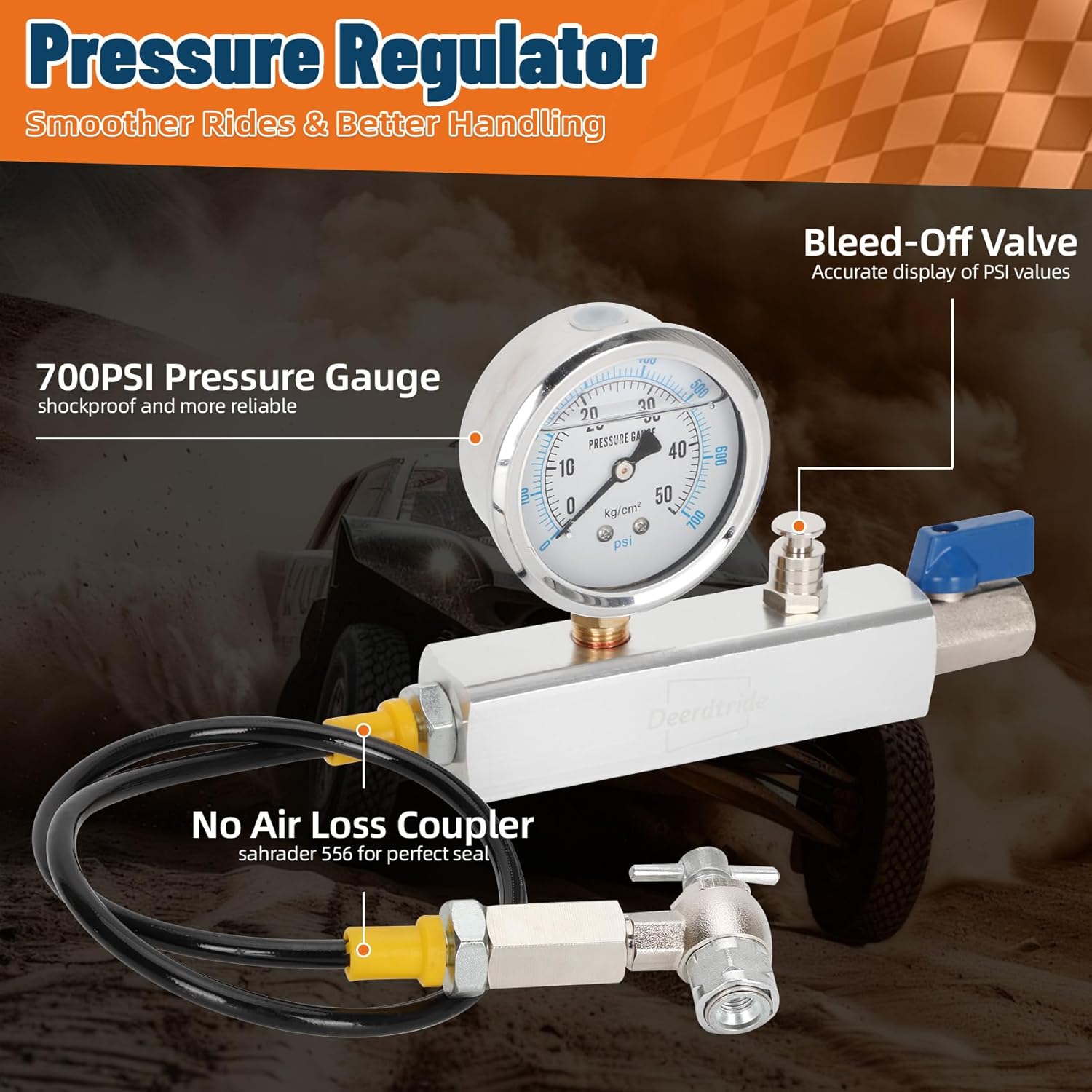 Nitrogen Shock Fill Kit with Schrader Valve and 700PSI Nitrogen Gauge, Nitrogen Regulator Shock Fill Tool No-Loss Chuck & high-pressure flexible hose, for with ATV/ATC/UTV/Dirt Bike/Off-Road Bike