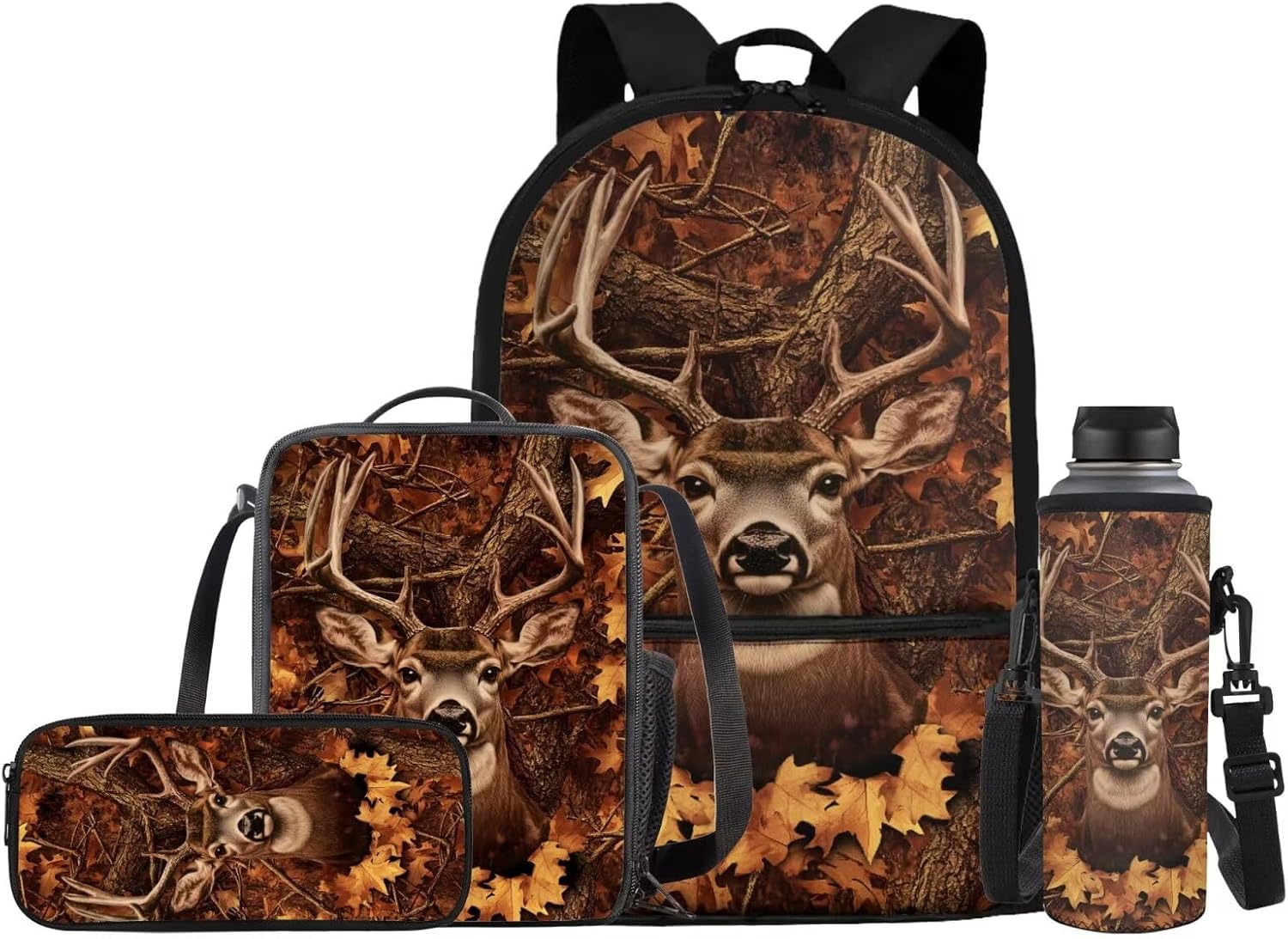 JEOCODY Cool Fire Wolf Kids Boobag Boys Girls Backpack with Lunch Box and Pencil Case Water Bottle Holder 4 PCS Accessories for Teens Back to School Supplies