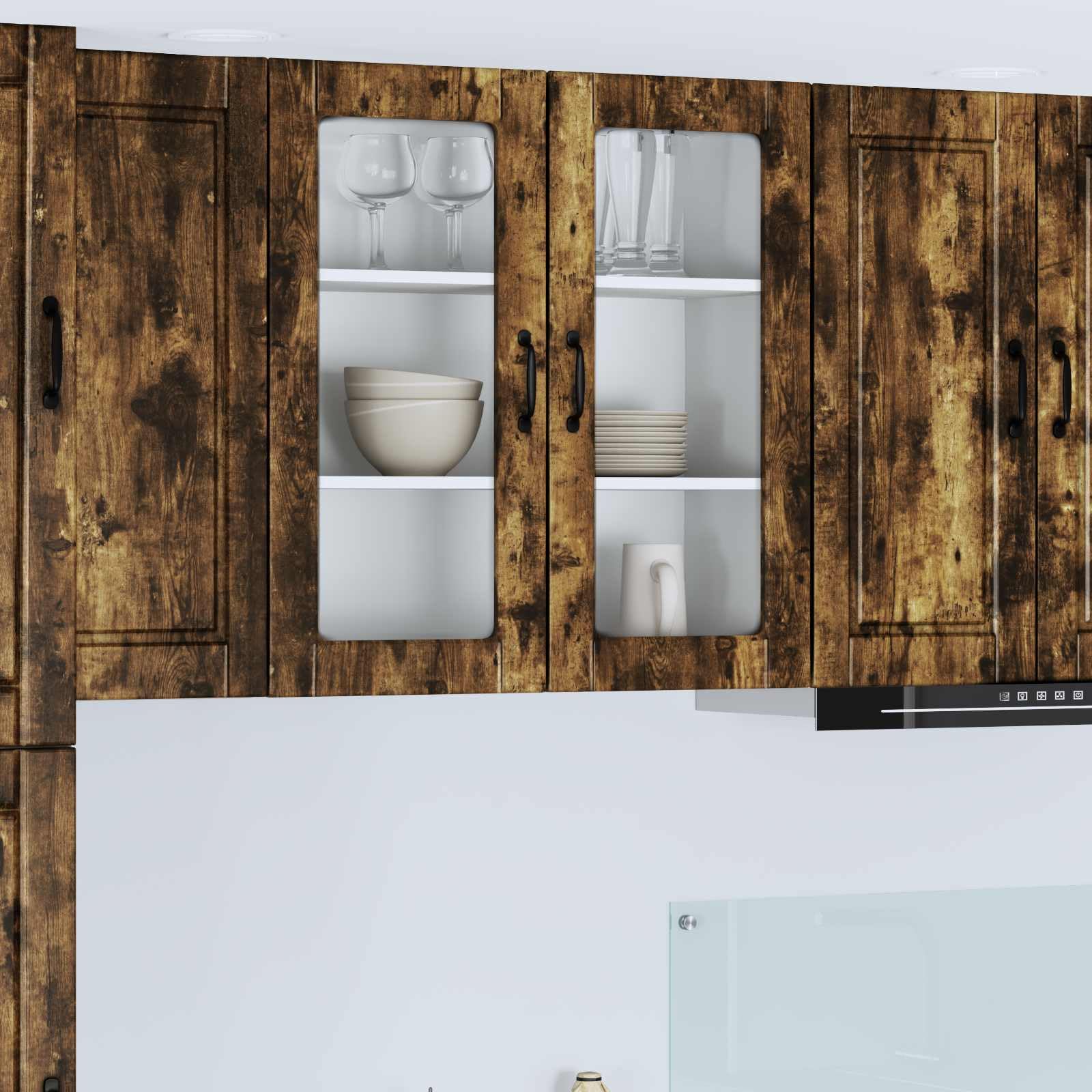 Porto szafka ze szkła ściennego, dąb wędzony, 80 x 31 x 80 cm, materiał drewnopochodny z 3 półkami, montaż na ścianie, wąska szafka kuchenna do jadalni, korytarza, spiżarni, miejsca do