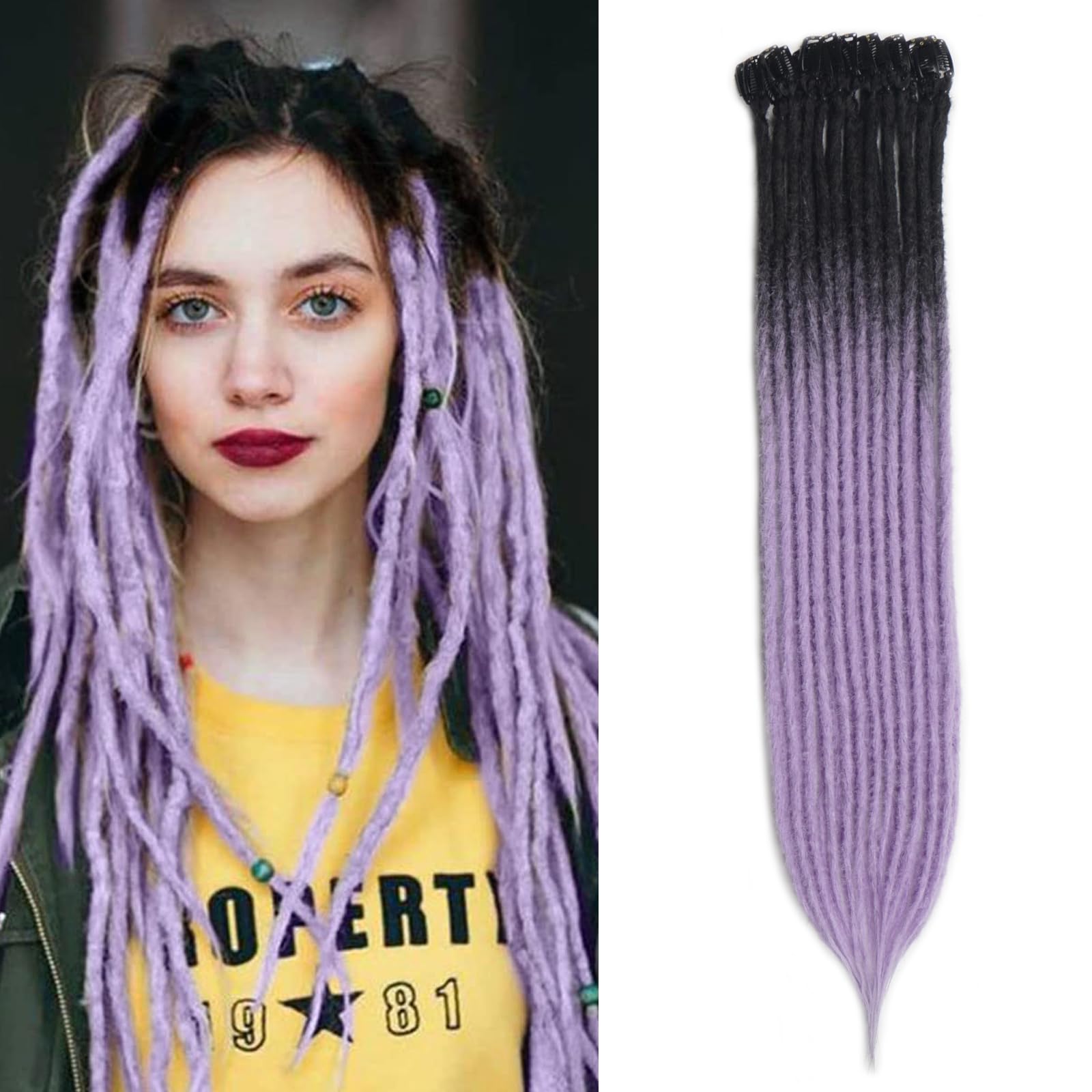Ombre Light Purple Clip In Dreadlock Extensions, 6PCS Single Ended Thin  Clip In Dreads Hair Extensions, 24 Inch Synthetic Dreadlock Extensions