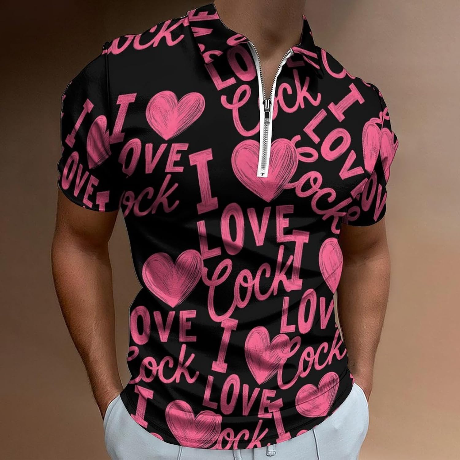 I Love Cock Polo Shirts for Men Short Sleeve Athletic Golf Tees Tops | Casual Summer Zippered V Neck Mens T-shirts Sports Quick Dry Tennis