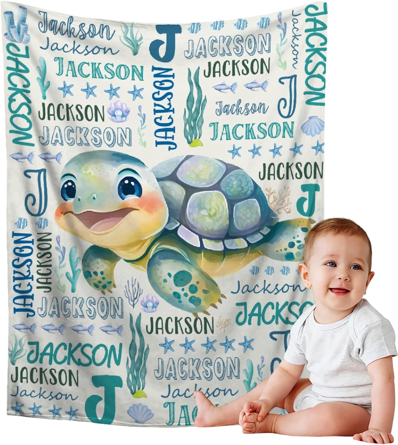 Personalized Baby Blanket for Girls Boys - Custom Sea Turtle Blanket with Name - Swaddle Blanket for Toddlers Infants Newborns Nursery - Stroller Crib Decor Throw Birthday Gift,40"x50"-Kids/Throw Size