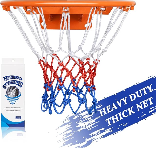 EMEKIAN Heavy Duty Basketball Net Replacement 12 Loop Polyester Nylon Basketball Net All-Weather Blue Red White Standard Basketball Hoop Net for Outdoor Indoor Sports