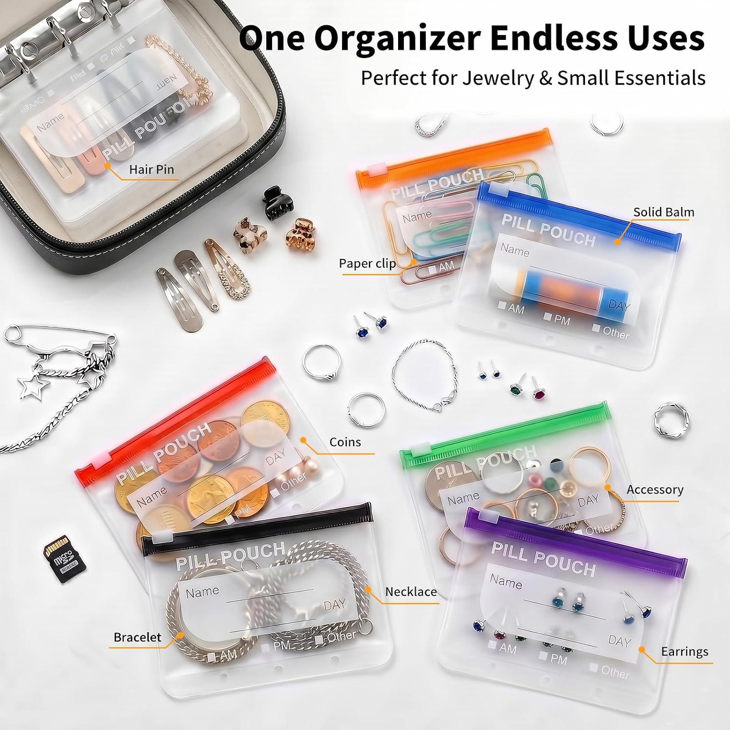Waterproof Pill Organizer Set, 7-Day AM/PM Weekly Medication Case with 14 Pouches (7 Distinct Colors), Travel Waterproof Pill Pouch, BPA-Free Compact Zippered Storage Binder for Travel, Daily (Black)