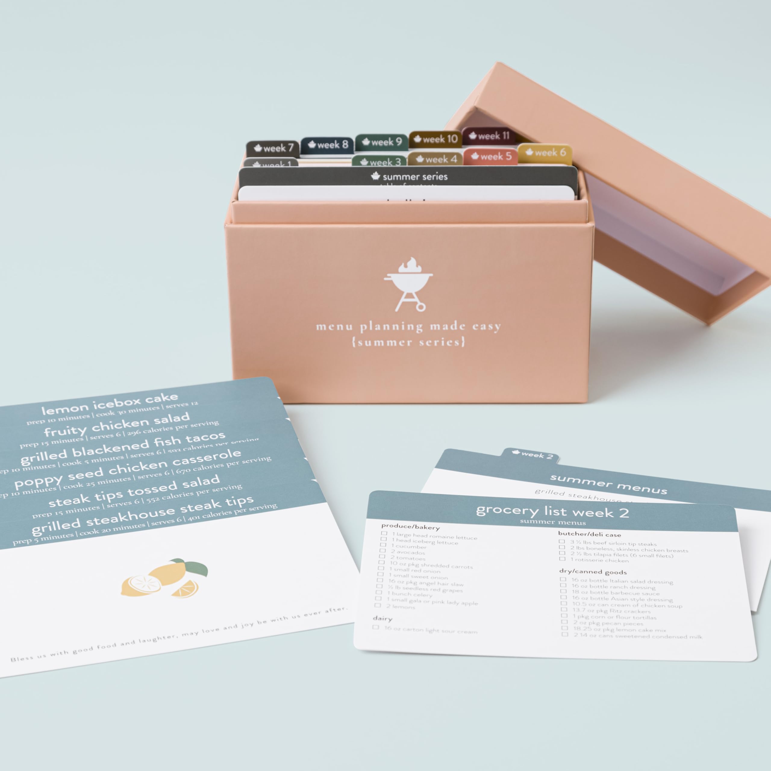Passionate Penny Pincher Meal Planner with 72 Recipe Cards (Summer Menu) - Weekly Menu | Sturdy Box 12 Reusable Grocery Shopping Lists 5 Blank Card