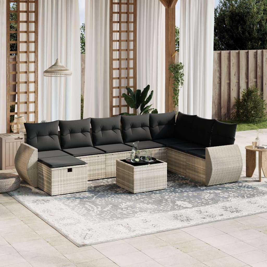 9-TLG. Sofa ogrodowa z poduszką, jasnoszara, poly rattanowa, zestaw wypoczynkowy do użytku na zewnątrz, modułowe meble ogrodowe ze szklaną płytą, odporna na promieniowanie UV, nośność 110 kg