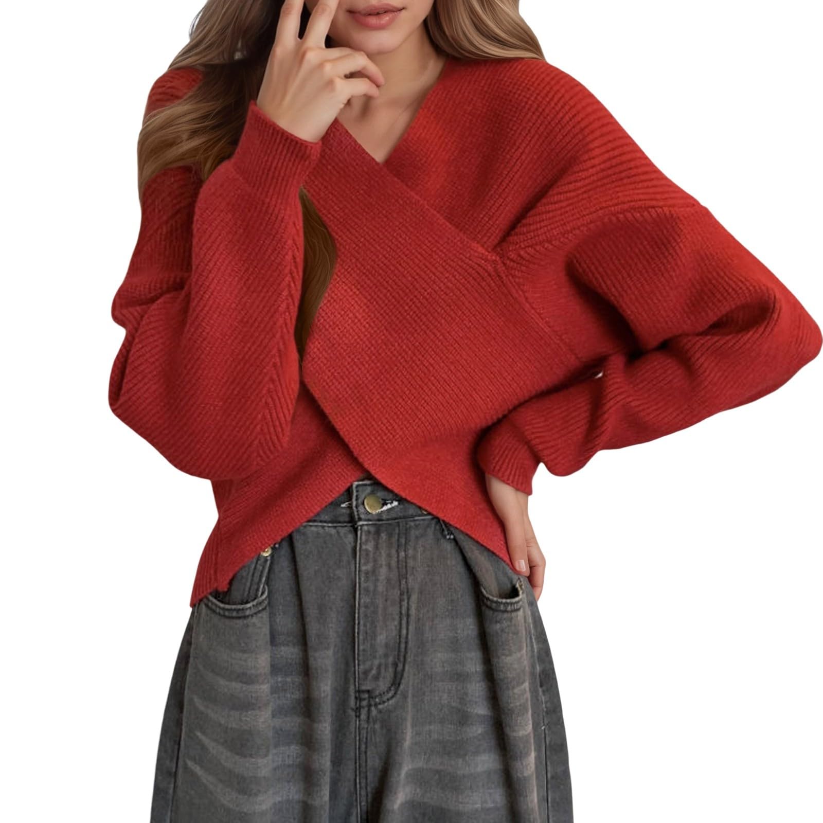 Womens V Neck Criss Cross Sweaters 2025 Fall Off The Shoulder Long Sleeve Tunic Fashion Ribbed Knit Wrap