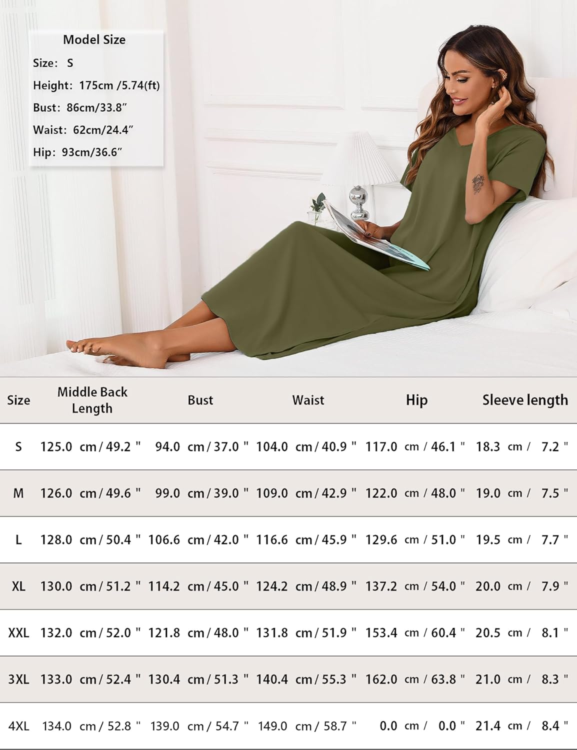 Marvmys Women Short Sleeve Nightgown Cotton Long Nightshirts with Pocket - Image 6